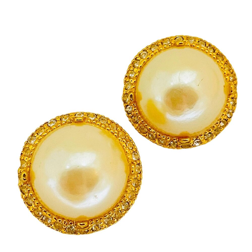 ANN TAYLOR signed vintage gold crystals pearls designer runway  earrings
